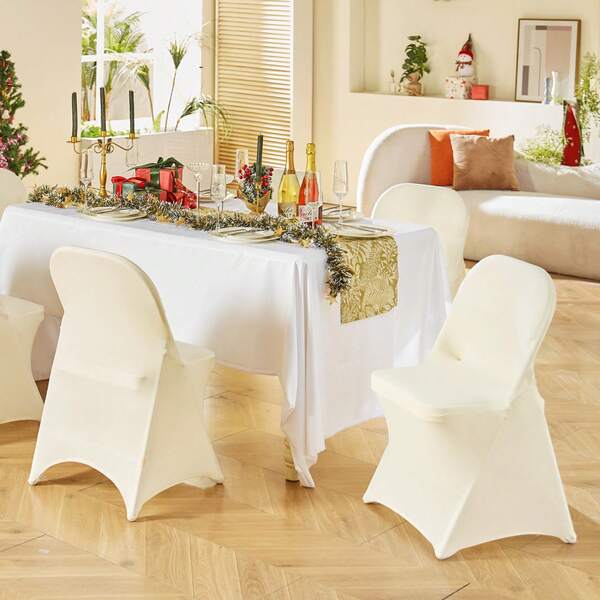 50PCS Ivory White Stretch Spandex Folding Chair Covers, Universal Fitted Chair Cover, Removable Washable Protective Slipcovers, For Wedding, Holiday, Banquet, Party, Celebration, Dining