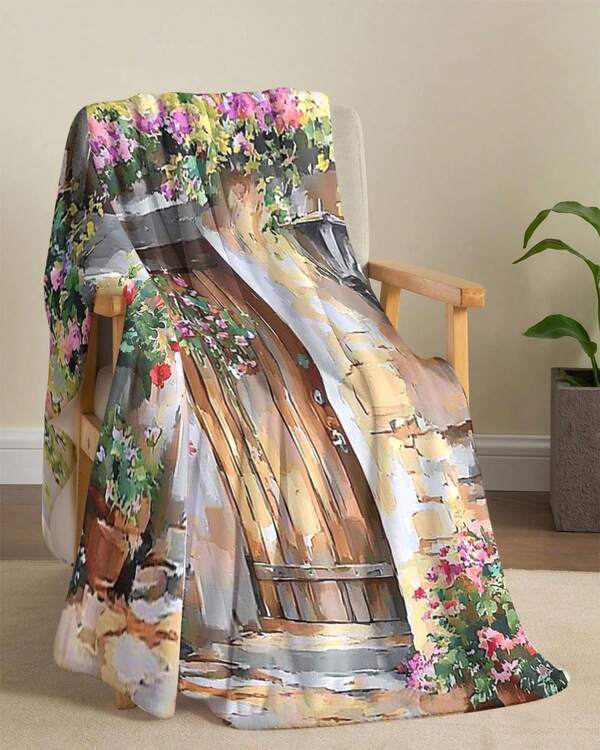 1pc The Front Door Full Of Flowers Pattern Printed Blanket A Cozy Flannel Blanket Ideal For Gift-Giving To Mom Or Dad.