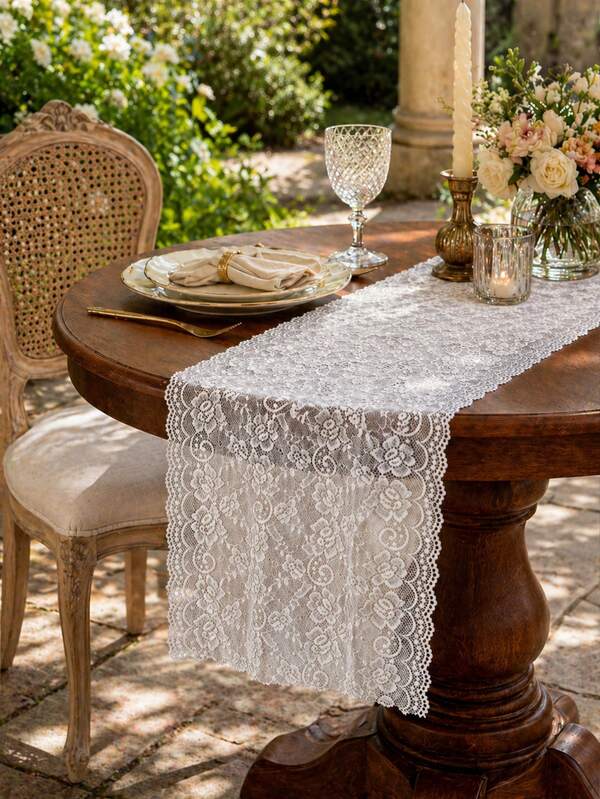 1pc Classic White Rectangular Vintage Lace Wedding Table Runner, Rose Floral Embroidery Country Style Bridal Shower, Party And Holiday Decor, Suitable For Spring/Summer Outdoor And Home Dust-Proof